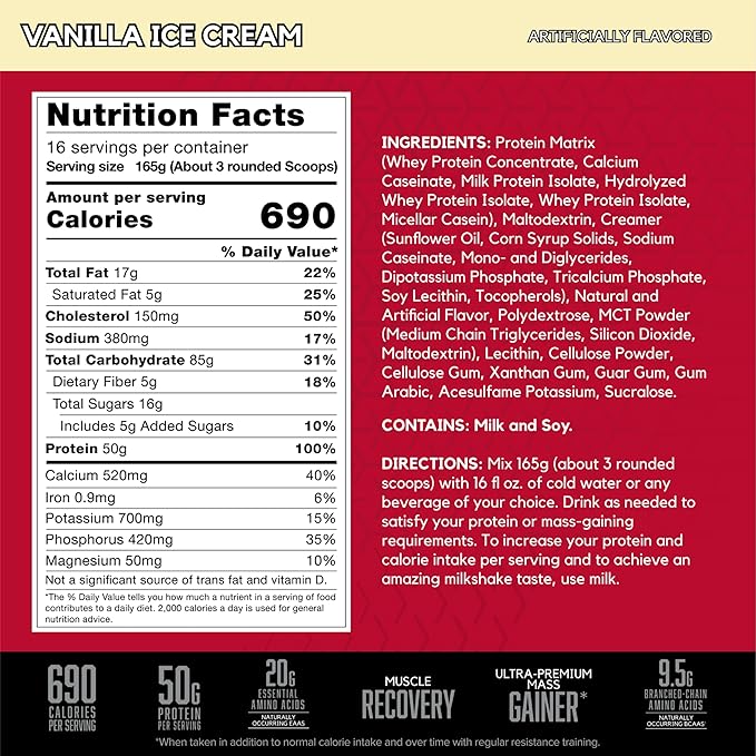 BSN TRUE-MASS Weight Gainer, Muscle Mass Gainer Protein Powder, Vanilla Ice Cream, 5.82 Pound