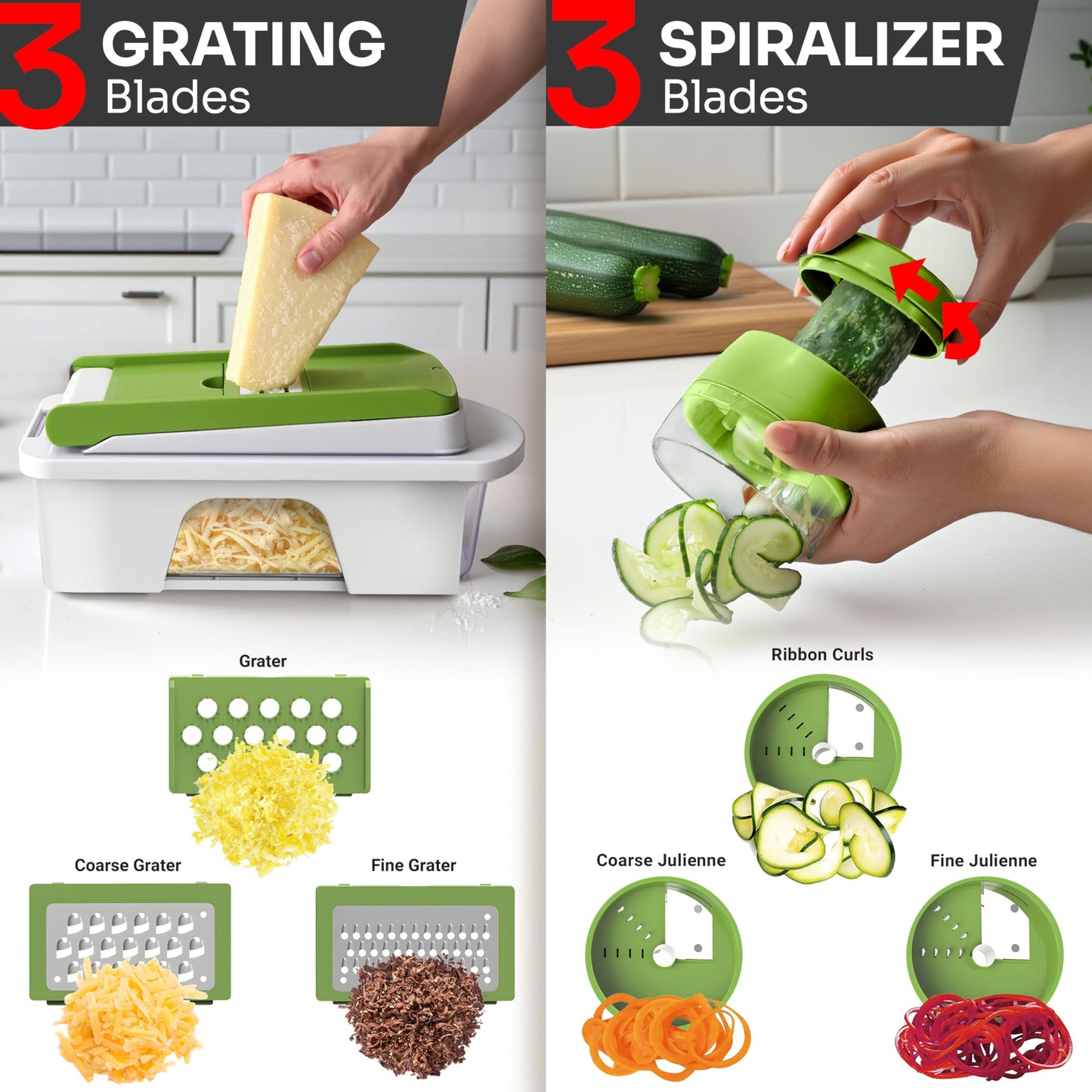 Mueller Pro-Series All-in-One, 12 Blade Mandoline Slicer for Kitchen, Food Chopper, Cucumber Slicer and Spiralizer, Cutter, Dicer, Grater, Gifts for Mom, Kitchen Essentials, White Sand/Green