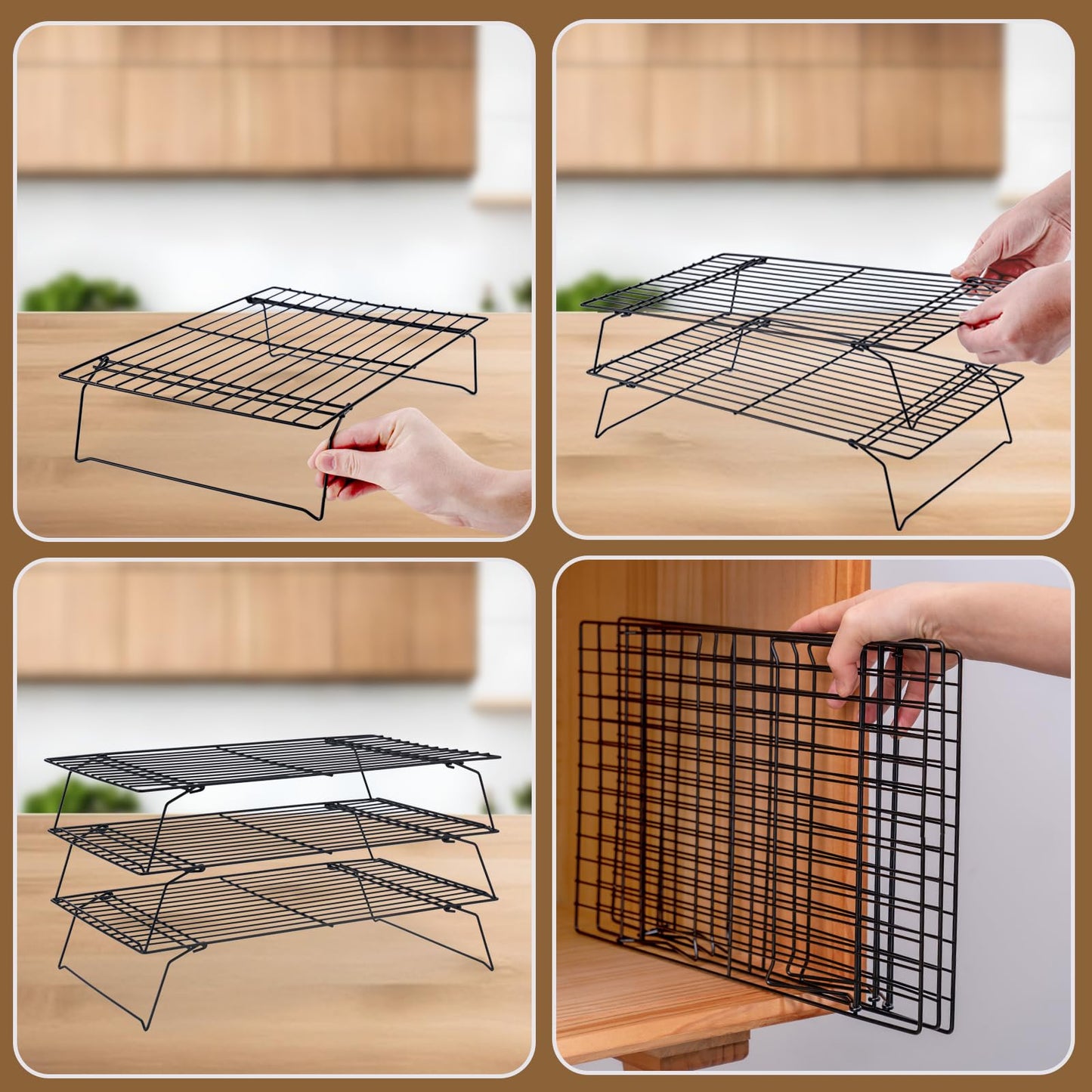 Cooling Rack for Baking 3 Tiers, 16" x 10" Cookie Cooling Wire Rack Stackable Collapsible Nonstick, Stainless Steel Baking Cooking Cooling Racks with Optimum Air Flow, Black