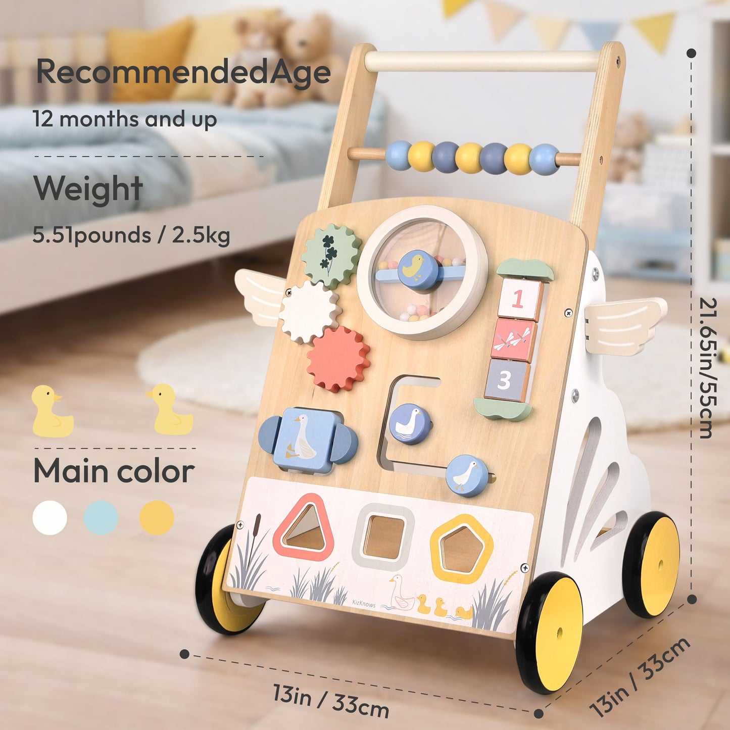 KizKnows Wooden Baby Walker with Wheels Speed Adjustable Baby Push Walker for 12+ Months Boys Girls Learning to Walk & Sit-to-Stand Activity Center with Sensory Toy Kids Development Gift