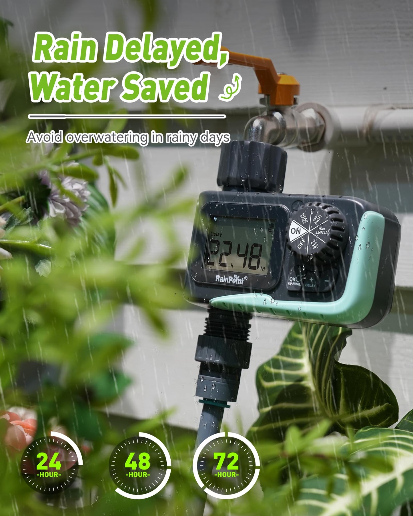 RAINPOINT Sprinkler Timer Outdoor, Water Timer for Garden Hose, Programmable Watering Irrigation Timer with Rain Delay/Manual(Plastic)