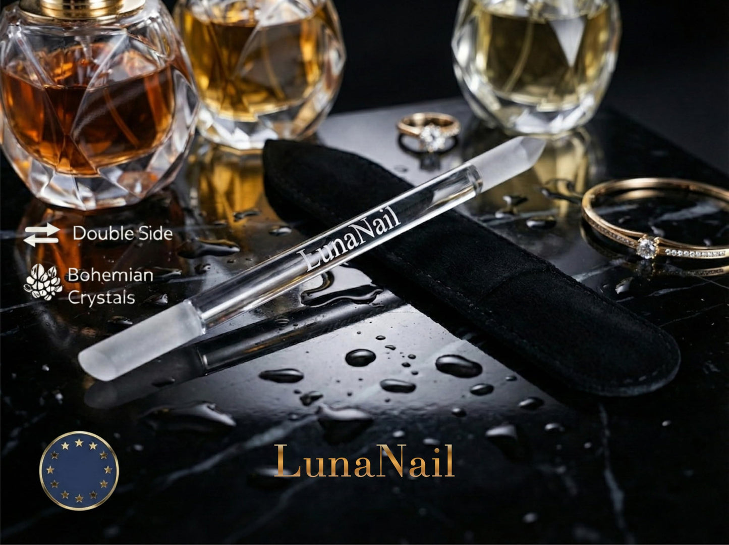 LunaNail Nano Czech Glass Nail File & Buffer 2-in-1, Velvet Case, Crystal Polisher, Mirror-Shine, Keratin-Sealing, Travel Friendly