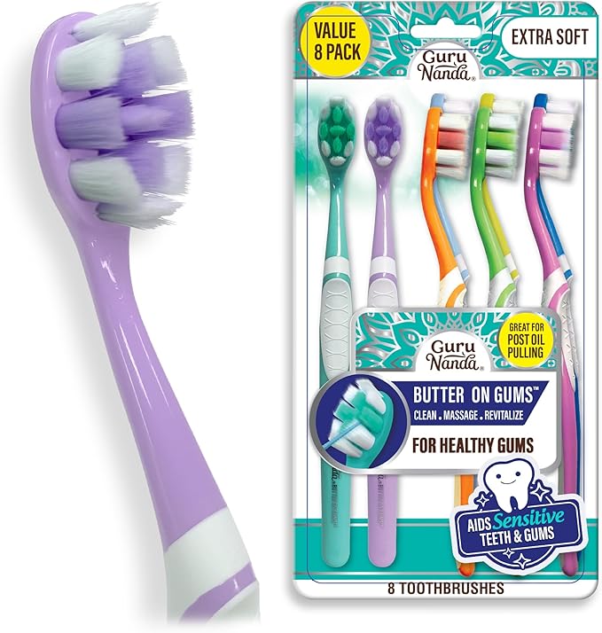 GuruNanda Butter On Gums Toothbrush, ADA Accepted, with 8000+ Ultra Soft Softex Bristles for Sensitive & Receding Gums, Perfect for Whiter Teeth, 8 Ct