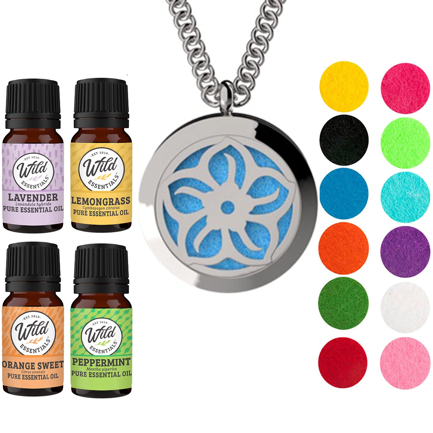 Wild Essentials Lotus Flower Necklace Essential Oil Diffuser Kit With Lavender, Lemongrass, Peppermint, Orange Oils, 12 Refill Pads, Calming Aromatherapy Gift Set, Customizable Color Changing, Perfume