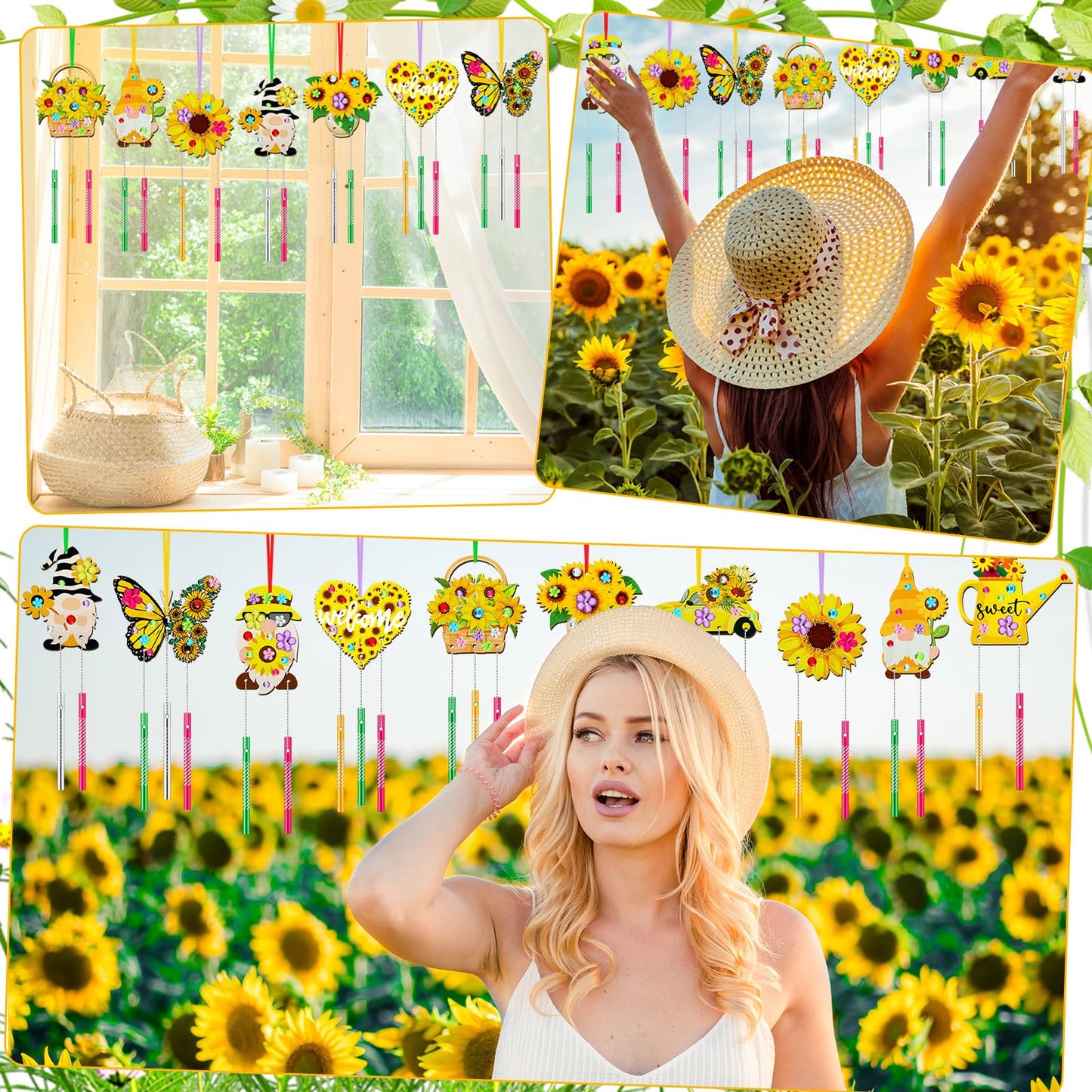 JellyArch 30 Pack Summer Sunflower Wind Chime Making Kit, Make Your Own Butterfly Gnome Wind Chime Wooden Spring Ornaments for Adults DIY Crafts Activity Birthday Decoration