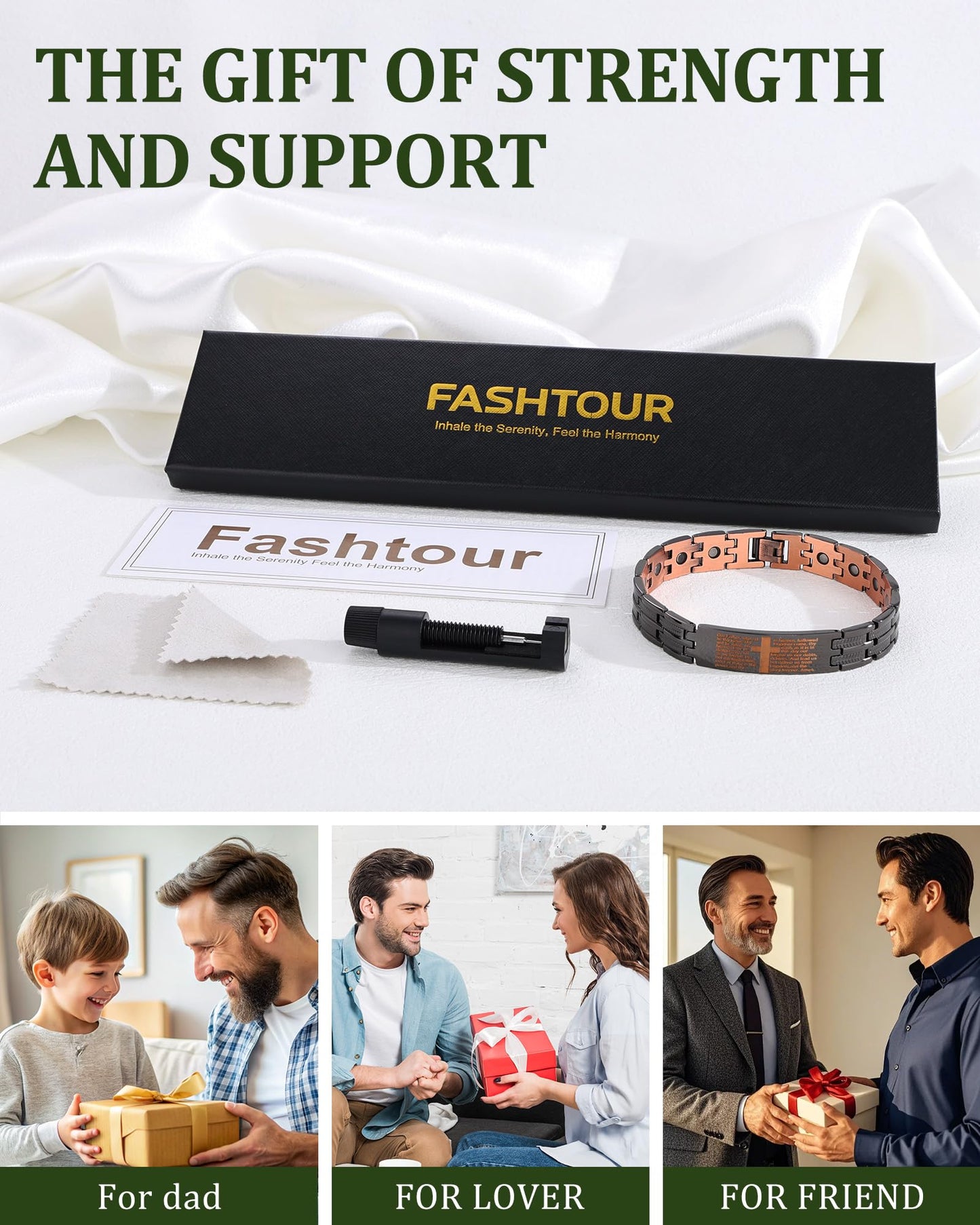 Fashtour Copper Cross Bracelet for Men, Ultra Strength Magnetic Jewelry, Rice-Ear Design Adjustable Copper Biblical Cross Bracelet with Sizing Tool & Box (Black)