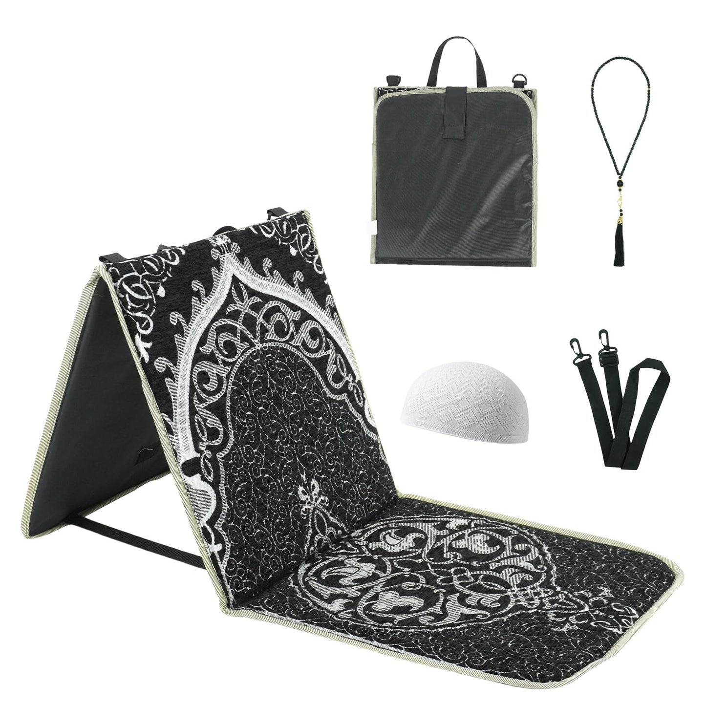Qianliniuinc Portable Prayer Mat, Foldable Prayer Rug with Backrest, 36x78cm Islamic Prayer Mat, Includes Kufi Hat & 99 Beads Tasbih, Meditation Rug for Muslim, Ramadan Gift Set (Black)