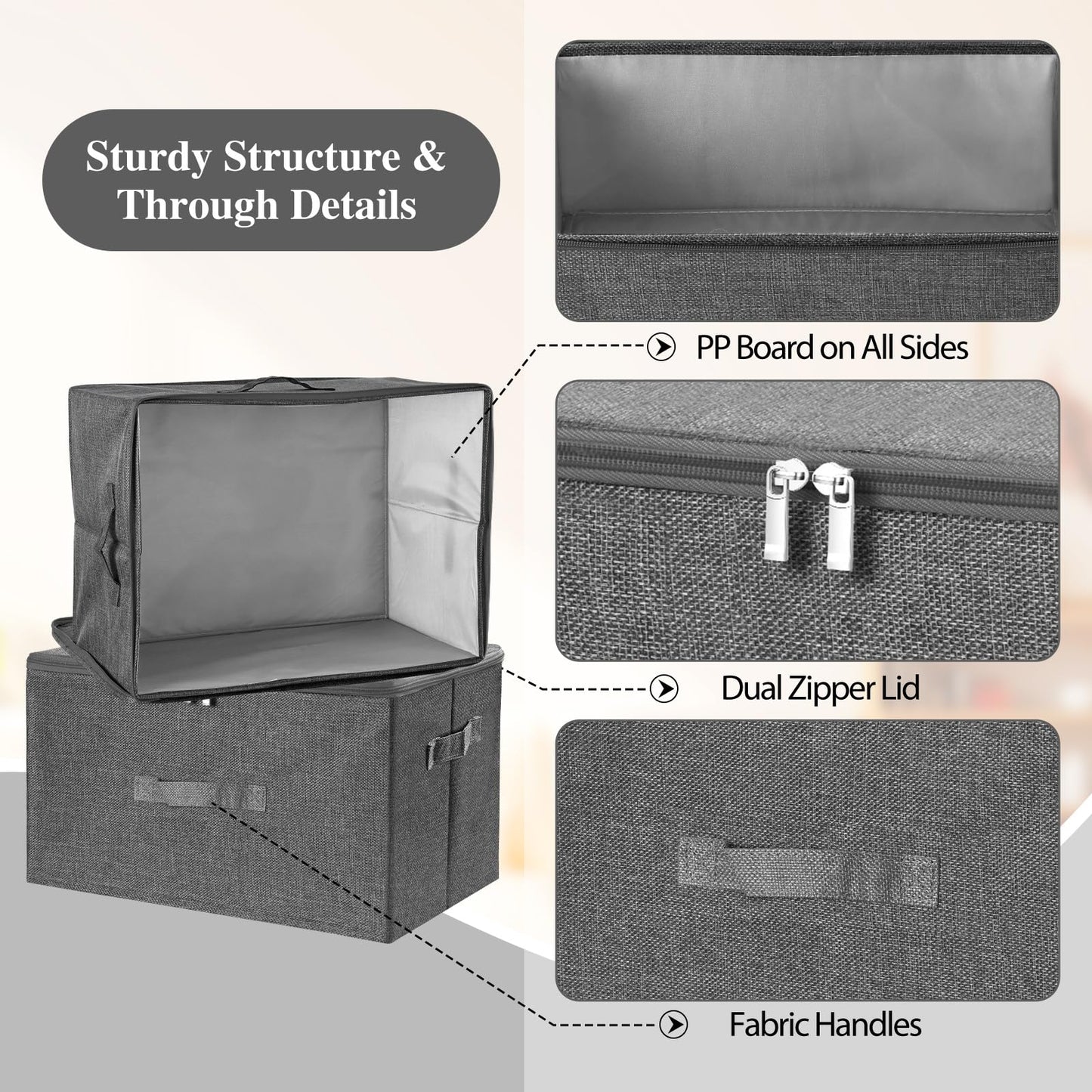 ANMINY 3PCS Storage Bins with Zipper Lids 13 Qt Lidded Fabric Storage Boxes Baskets Cubes with Handles Collapsible Washable Cotton Linen Closet Shelf Clothes Organizer Containers - Gray, Small