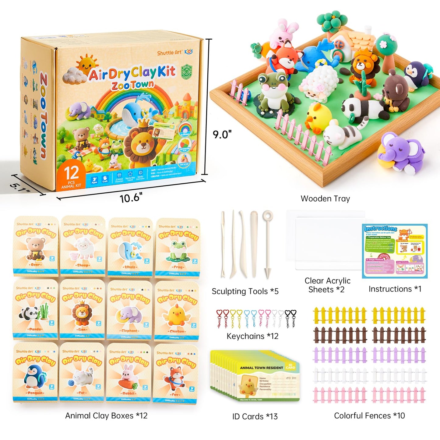 Shuttle Art Air Dry Clay for Kids - Zoo Town, 55 PCS Modeling Clay Kit with Sculpting Tools and Tutorials, Safe & Non-Sticky, Craft Gifts for Boys & Girls
