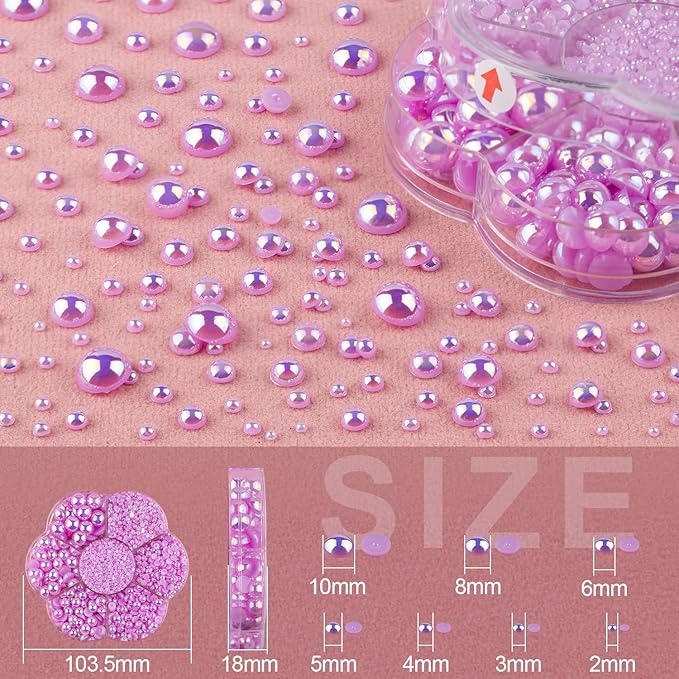 Nail Art Flat Back Half Round Pearl Kits 32, 1 Box of 6000 Pcs Flat-Back Light Purple AB Pearl with Tweezer and Picker Pencil for Home DIY Nails Body Face Craft and Salon Use