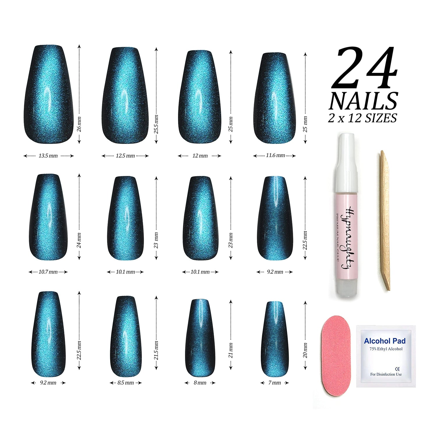 Hypnaughty 24 Pcs Ocean Cat Eye Effect Blue Glossy And Sparkly Coffin Long Press On Nails With Nail Kit And Glue (Ocean Cat Eye)
