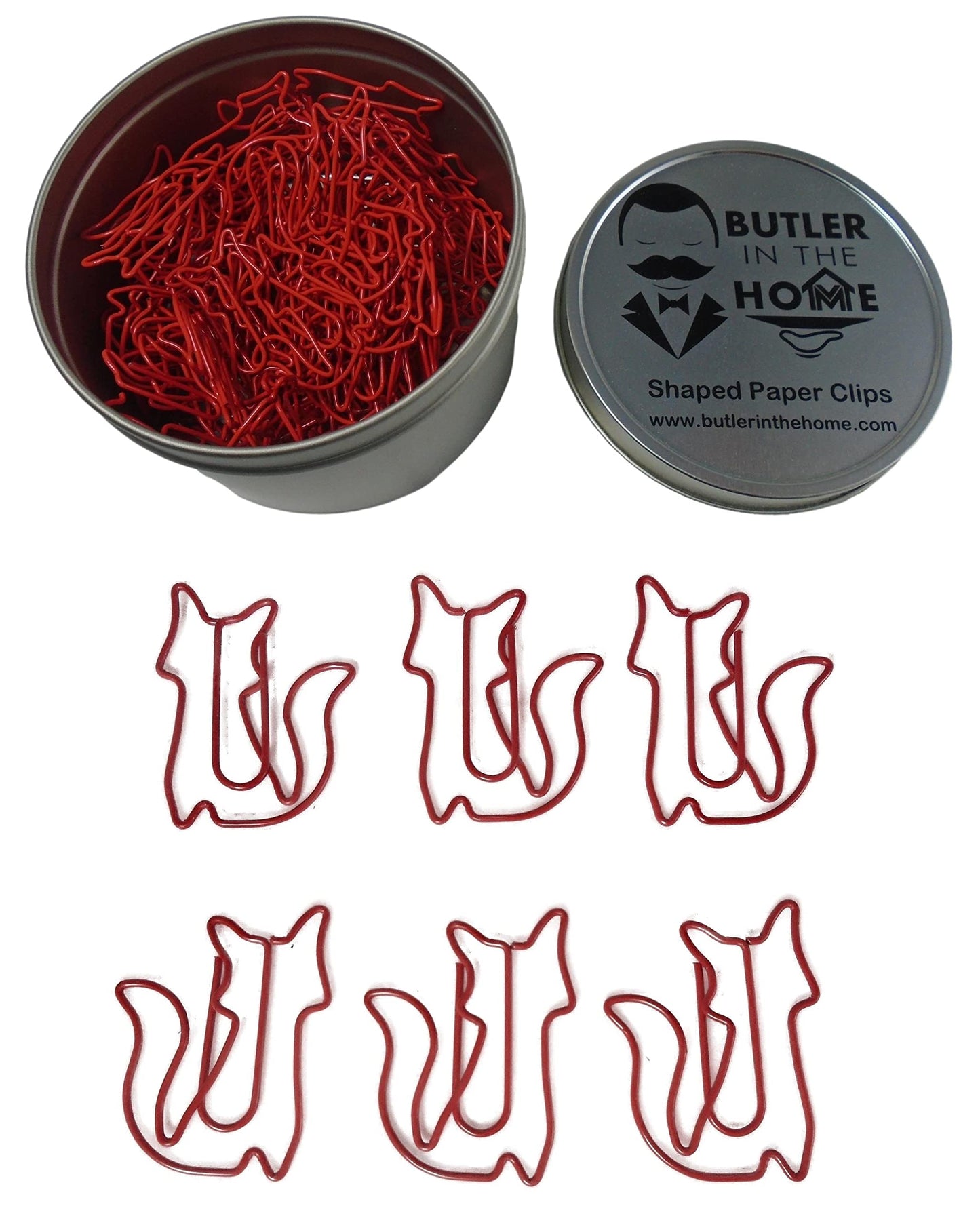 Fox Shaped Paper Clips (100 Count) – Red Decorative Clips for Office, Desk & Collectors – Comes in Tin – Butler in the Home