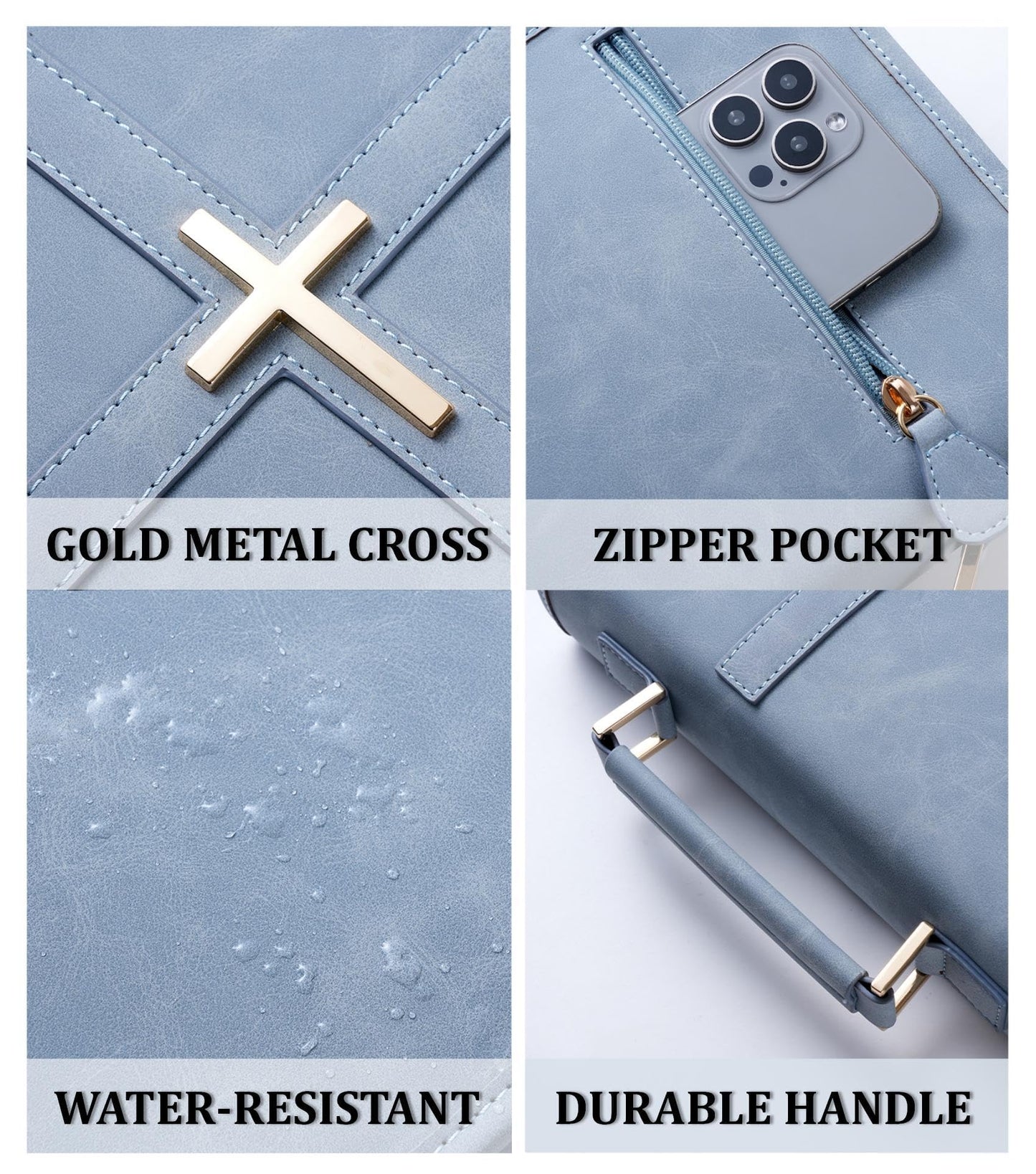 Vegan Leather Bible Cover Case, Bible Bag with Phone Pocket, Bible Case for Women, Christian Gift Box Packaging (Light Blue)