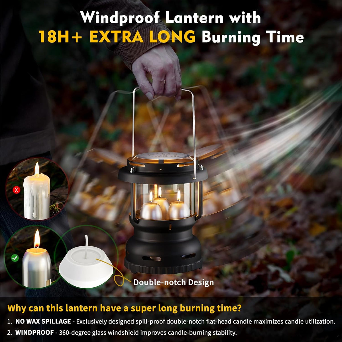 3-Wick Emergency Candle Lantern for Power Outages [18H+ Burning Time] Vintage Decorative Candle Lantern for Real Candles, Outdoor Portable Camping Survival Lighting [7.1"*5.7" - Matte Black]
