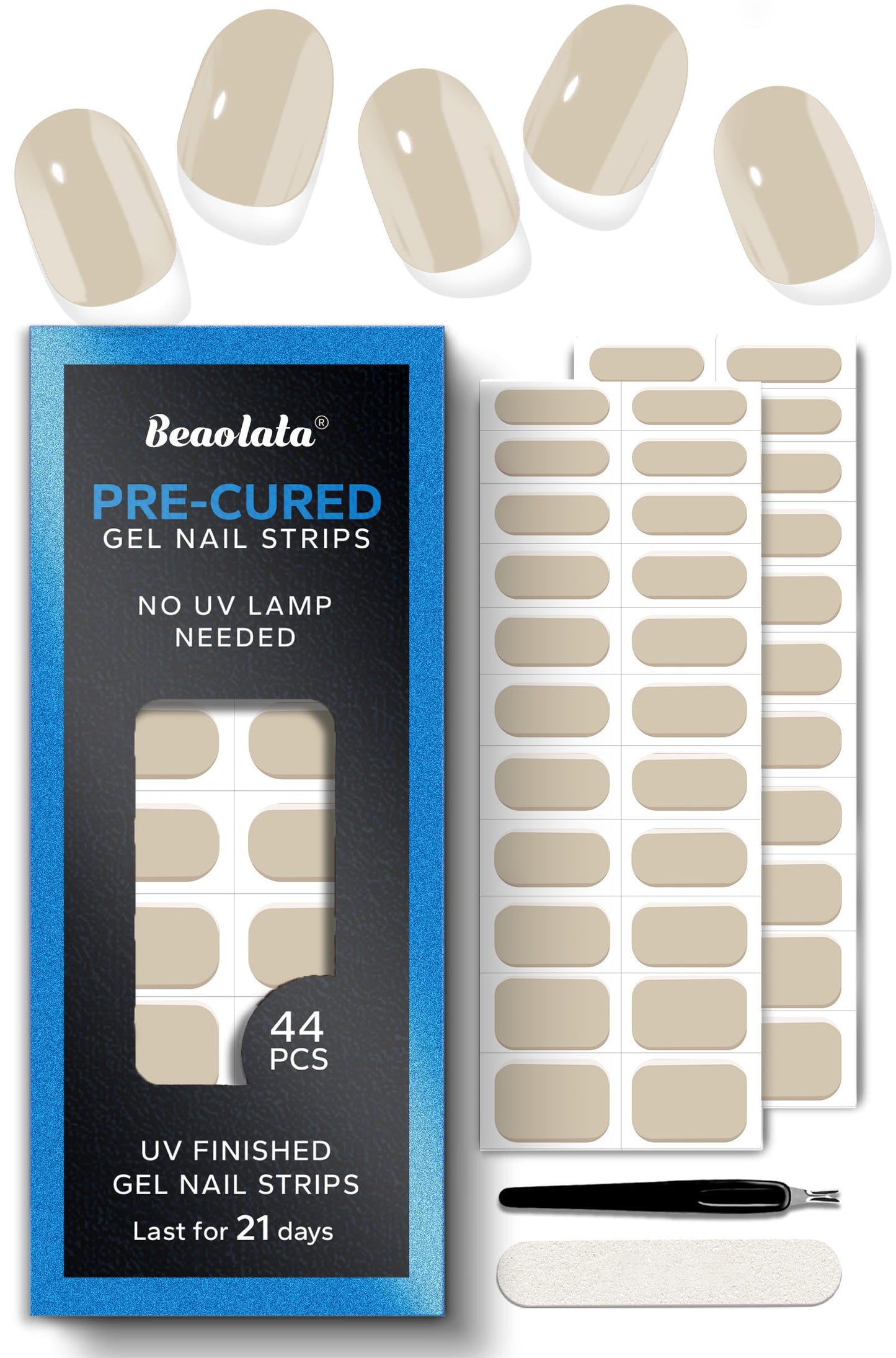 Beaolata Real Gel Nail Strips (No UV Light Needed) - 44Pcs Salon Quality Nail Stickers - Long Lasting Polish Wraps for Women, Easy Apply & Remove (Nude Oat)