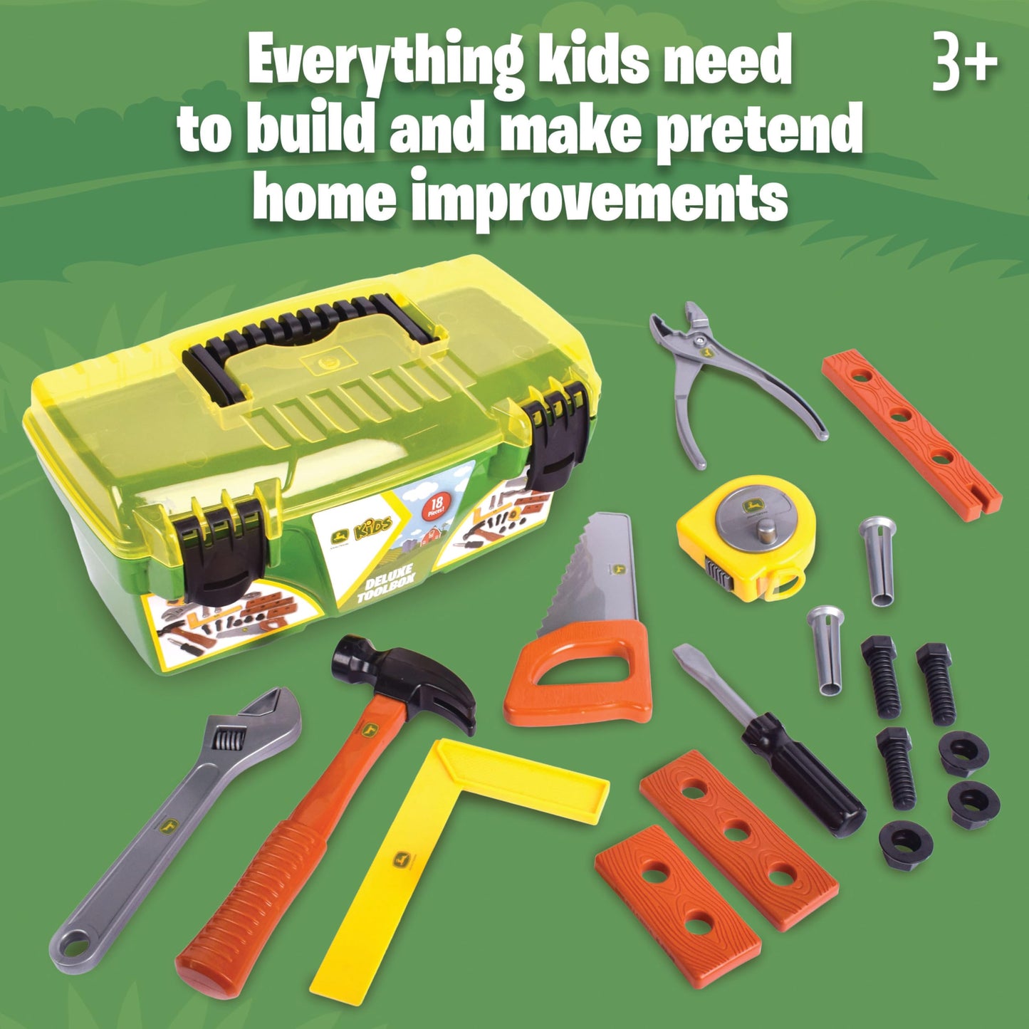 John Deere 18 Piece Deluxe Tool Box, Construction Playset with Tape Measure and Tools, Interactive Building Toys, Preschool Toys for Boys and Girls