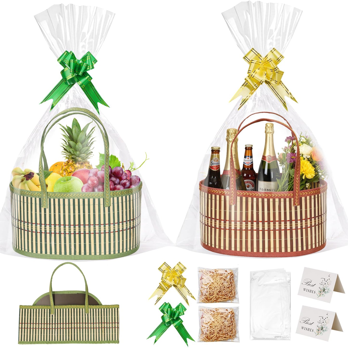 Gift Baskets Empty Hamper Basket 2 Color Gift Box DIY Gift Hamper Sets with 2 Bags,2 Bows ,2 Greeting Card and Raffia Birthday Present,Easter, Christmas , Graduations, Wedding Thanksgiving Gift Kit
