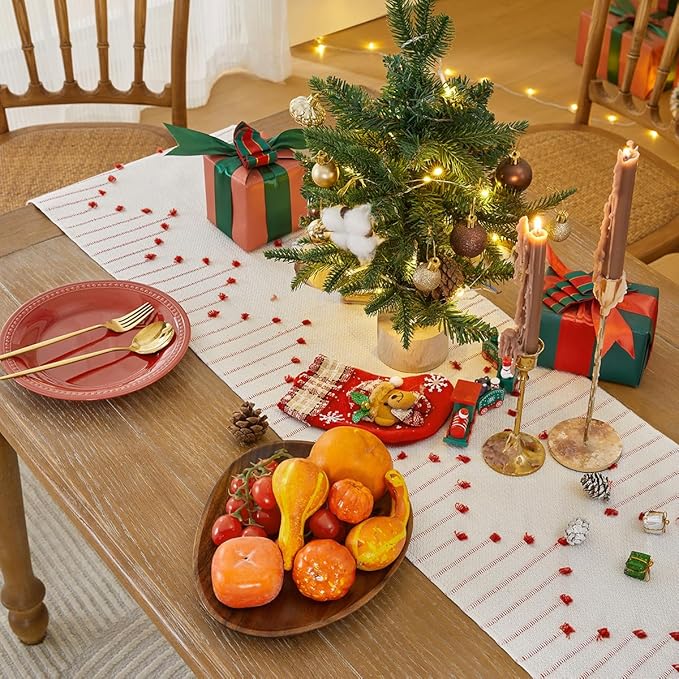 Wracra Christmas Table Runner, Natural Cotton Woven Macrame Table Runners 48 Inches Long for Christmas Decorations,Modern Farmhouse Woven Home Decor, 14x48 Inch, Red