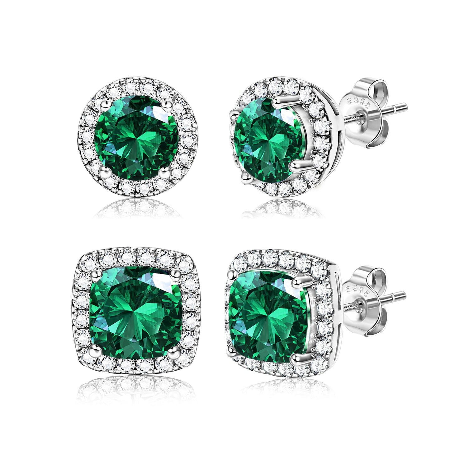 Hayoso Cubic Zirconia Stud Earrings for Women Men Sterling Silver Earring Post Hypoallergenic 14k Gold Plated Round&Square Earrings Silver&Green