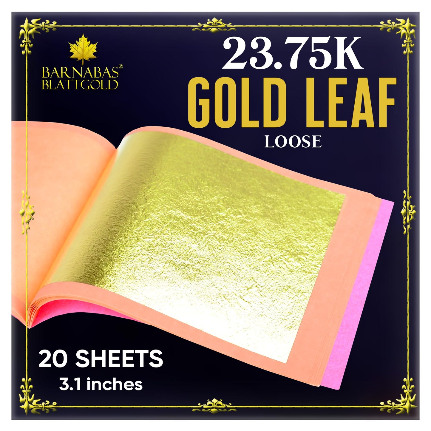 Barnabas Blattgold Gold Leaf - 23.75K Real Gold [20 Sheets, 3.1 inches] - Loose Sheets for Painting, Arts and Crafts