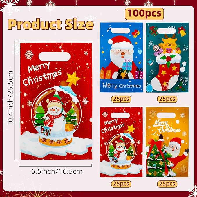 100 PCS Christmas Treat Bags with Handles, Christmas Goodie Bags, Xmas Gift Bag, Plastic Snowman Santa Claus Candy Goody Cookie Snack Bag Holiday Party Favor Bag for Xmas Winter Party Favor Supplies