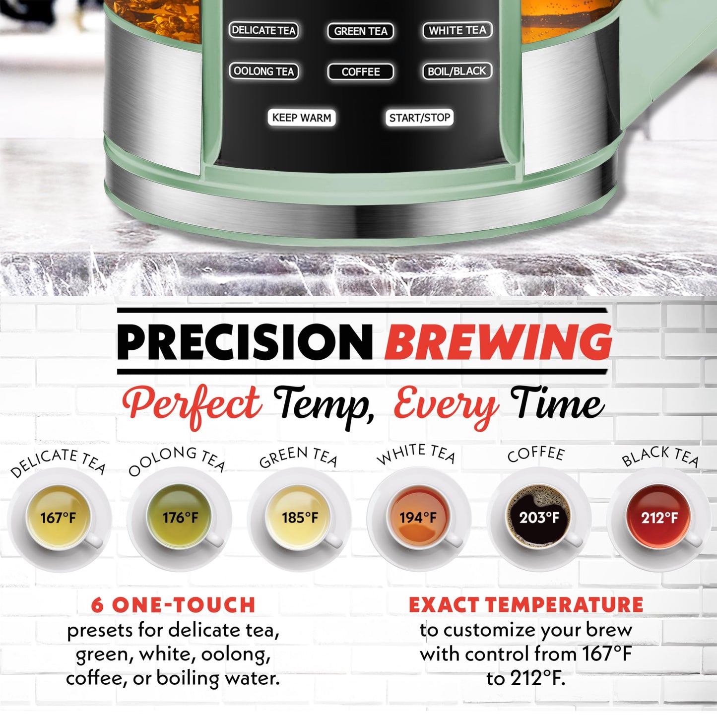 Gourmia Electric Glass Kettle – 1.7L Programmable Tea & Coffee Brewer with Digital Touch Display, 6 Presets, Removable Stainless Steel Infuser, Cordless with 360° Swivel Base, Green