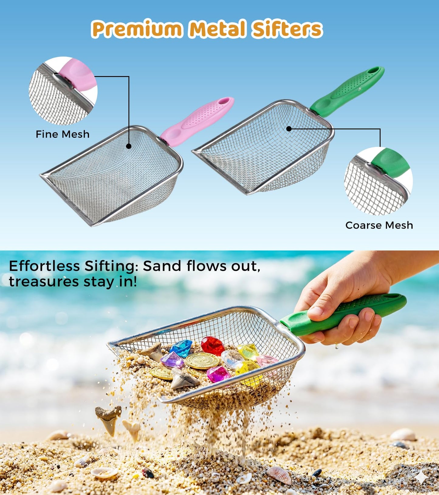 Eicaus 46 PCS Beach Sand Toys for Kids Toddlers, Collapsible Sand Buckets & Mesh Bag Set with Heavy Duty Metal Sifters, Treasure Hunt Gems, Castle Molds, Travel Sandbox Toys for Boys Girls