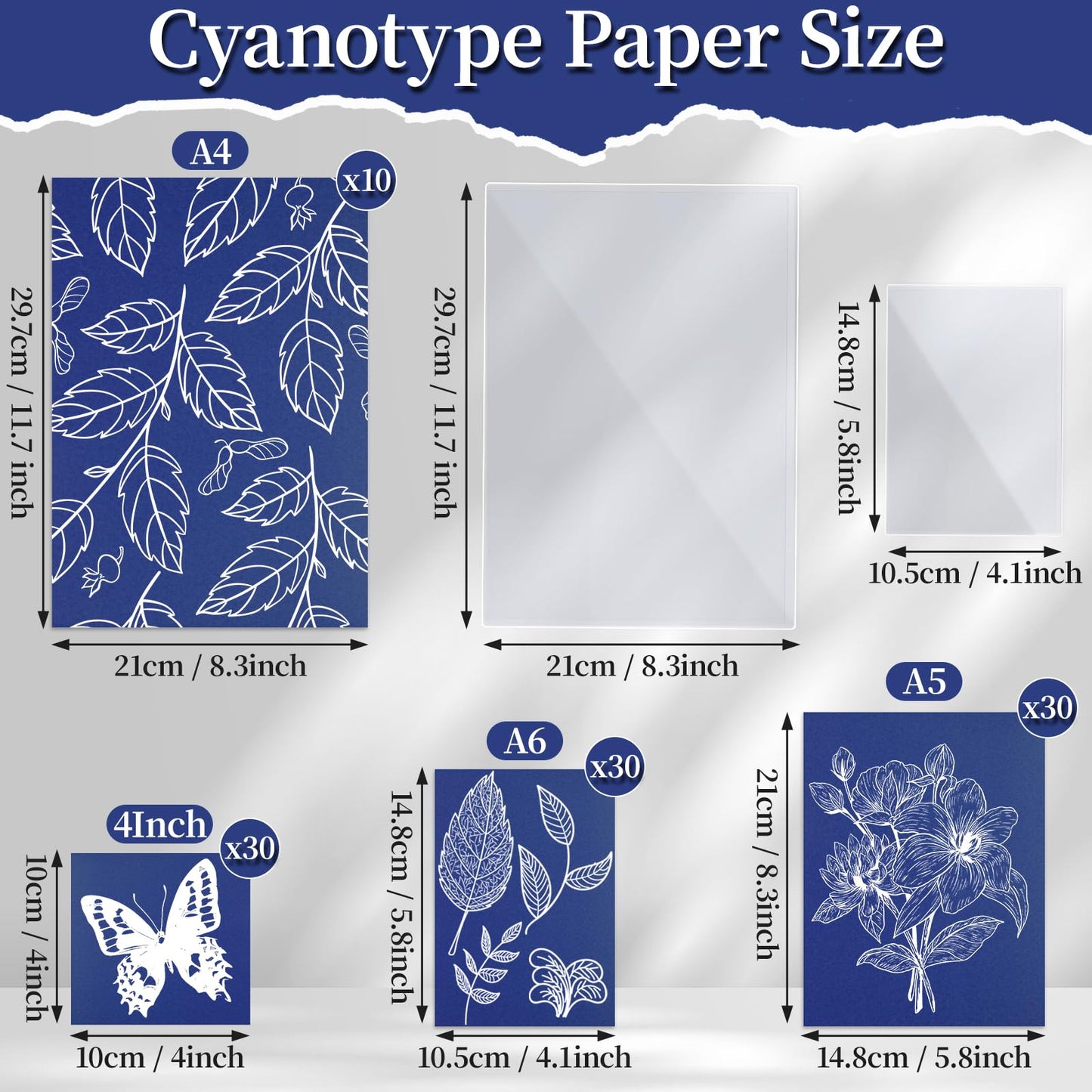 gisgfim Sun Cyanotype Printing Paper Kit A4 A5 A6 4 inch Paper 100 Sheets with 2 Sheet PVC Board and 1 Pc Manual High Sensitive Nature Solar Activated UV Sun Printing for Arts DIY Crafts Project