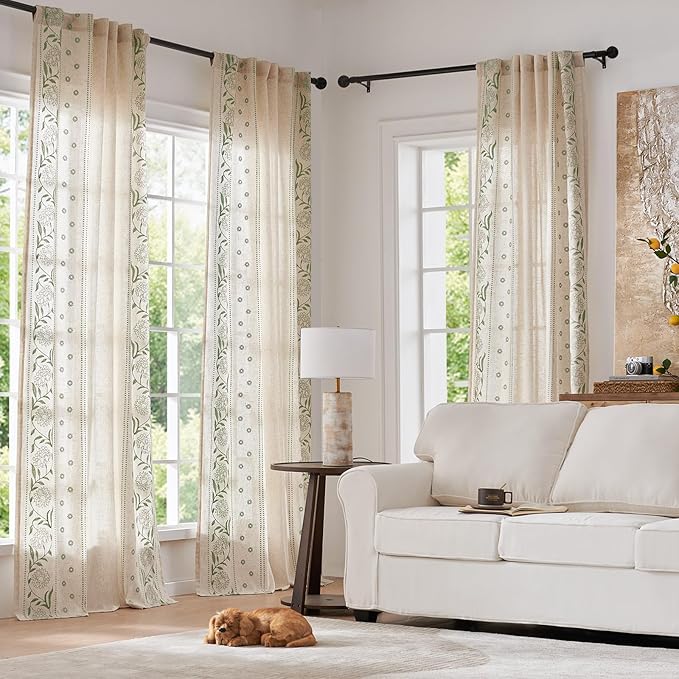 jinchan Winslow Linen Curtains for Bedroom 90 Inches Length Embroidered Bordered Floral Curtains for Living Room Farmhouse Decor Light Filtering Window Treatments Sage on Beige Drapes 2 Panels
