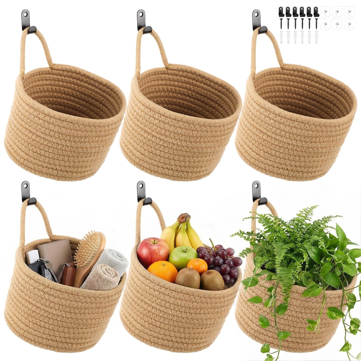 kenaeooe 6 PCS Wall Hanging Basket Set Handwoven Cotton Rope Hanging Fruit Basket Organizer with Hooks Boho Decorative Storage Bins for Home Kitchen Office Door Wall