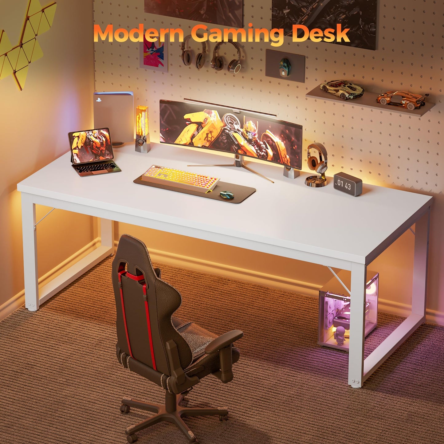 Mericonia 48 Inch Computer Desk, 1" Thick Heavy Duty Industrial Office Desk, Modern Simple Study Writing Table for Home Office Bedroom Workstation, White