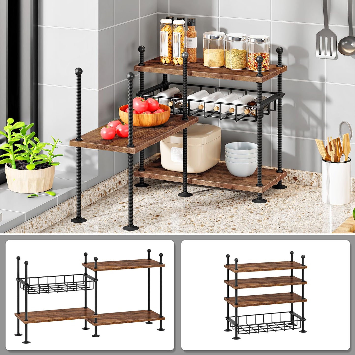 HOOBRO Kitchen countertop Organizer, 4-Tier Adjustable Kitchen Storage Shelf with Rods & Leveling Feet, 3 Configurations, for Cabinet, Countertop, Bathroom, Office, Rustic Brown and Black BF21TL01
