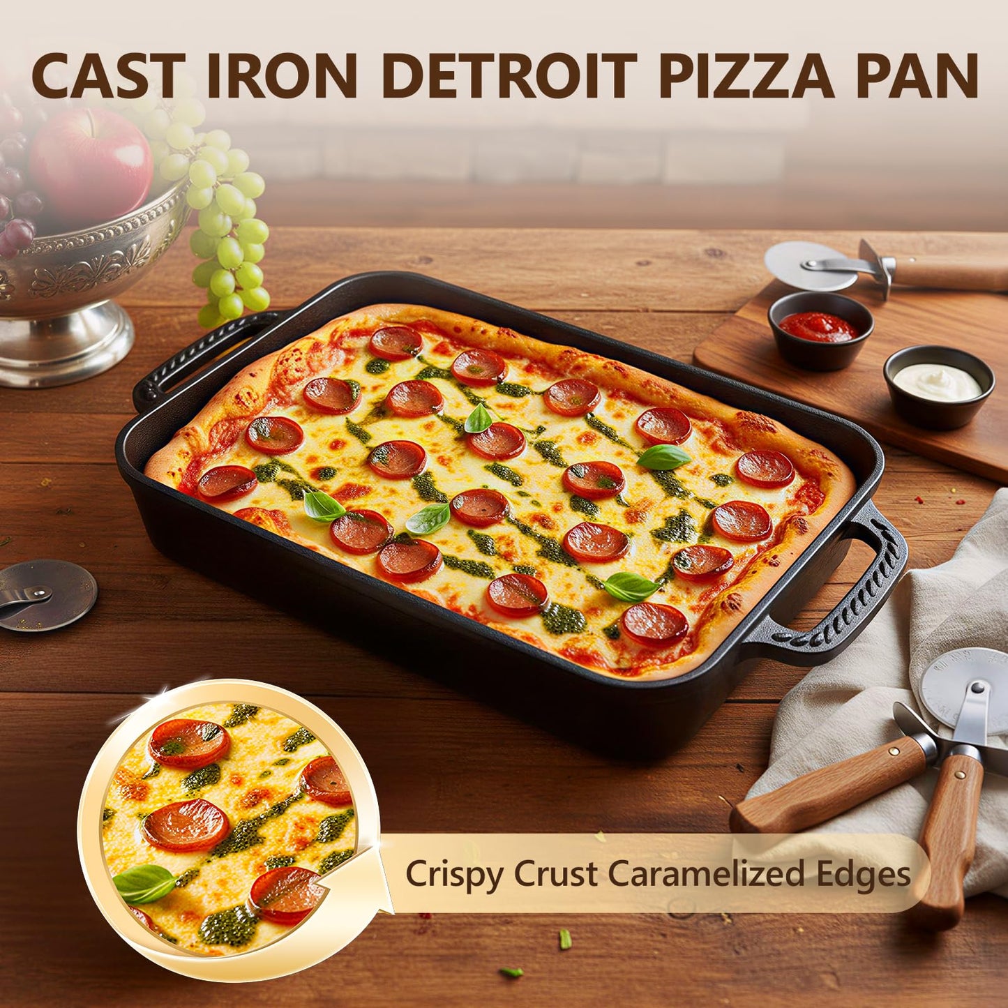 Lvmol Cast Iron Detroit Pizza Pan - 9x13 Inch Pre-Seasoned Deep Baking Dish for Casserole, Focaccia, Lasagna