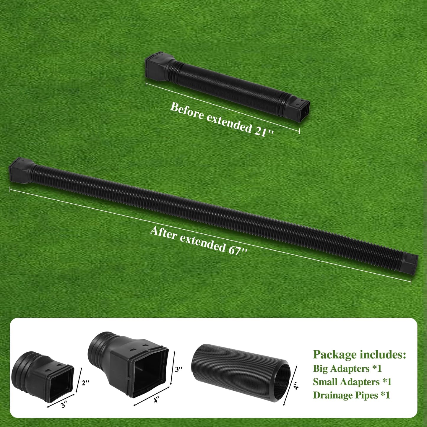 Gutterlix 1 Pack Flexible Gutter Downspout Extensions Extendable from 21" to 67", Downspout Extender Comes with Adapters, Thickened Down spout Drain Extension for Rainwater Drainage(Black)