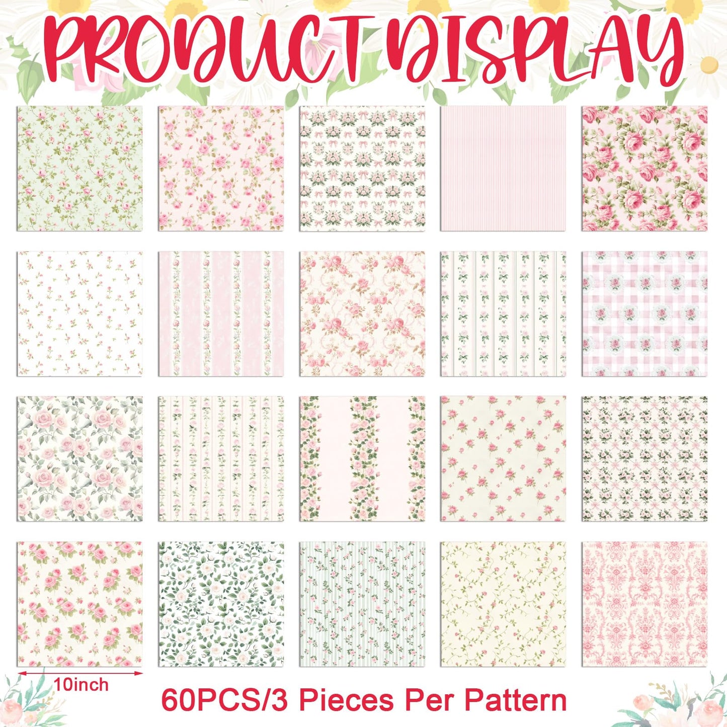Tudomro 60 Pcs Pink Floral Fabric Squares Bundles 10 x 10 Inch Cotton Rose Quilting Fabric Pink Spring Flower Fat Quarters Printed Cloth Quilt Patchwork Material for Sewing DIY Crafts Supplies