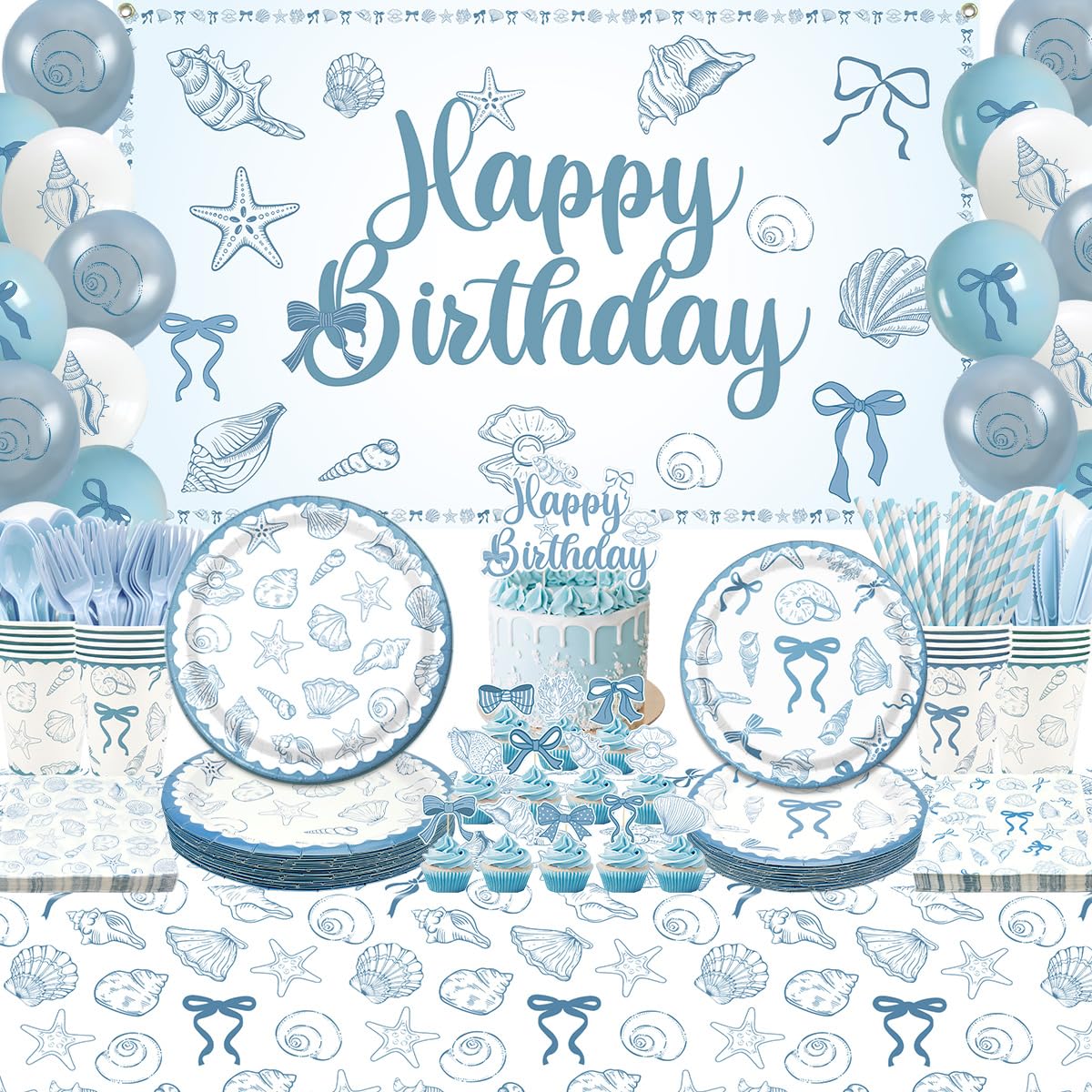 Seashell Birthday Party Decorations-20 Guests-Coastal Birthday Decorations Includes Plates Cups Napkins Tablecloth Backdrop Balloons Cake Topper Tableware for The Summer I Turned Pretty Party Decor