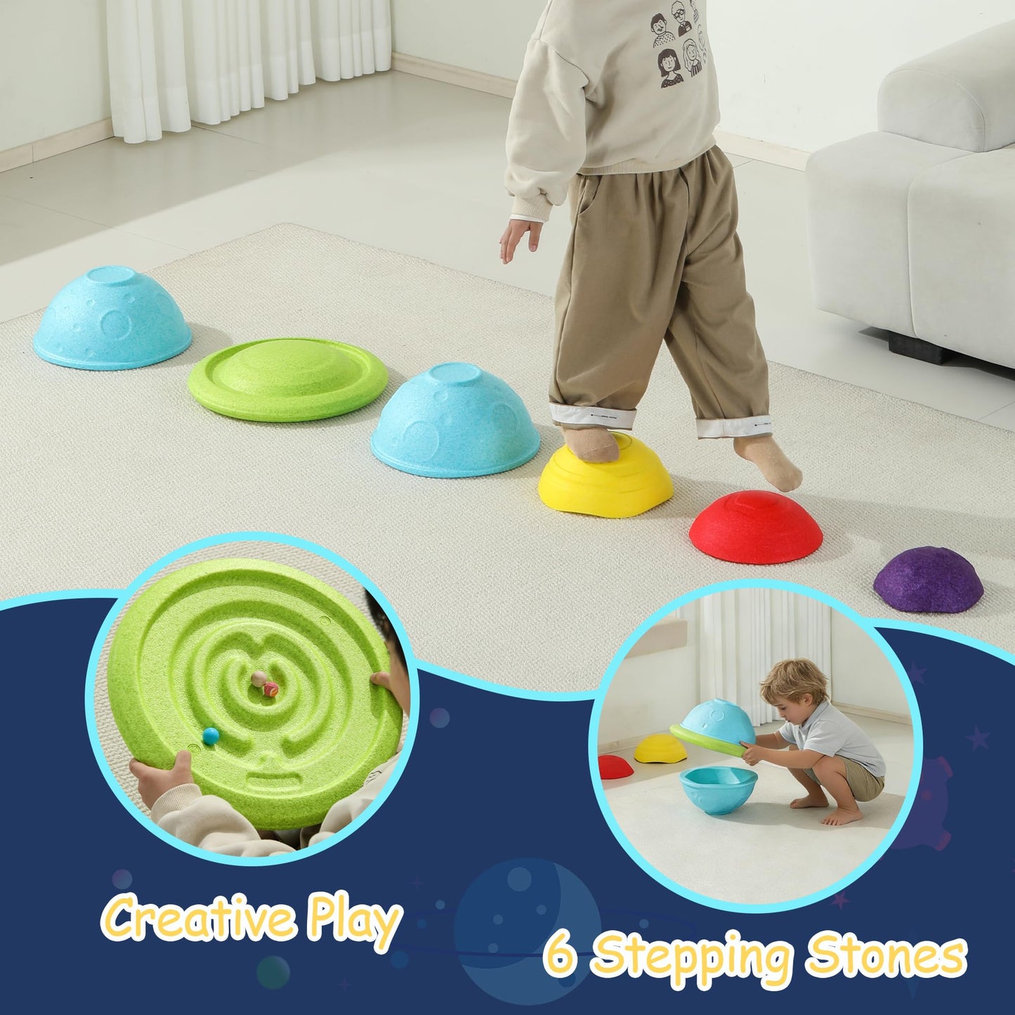 LoomLark Balance Stepping Stones for Kids 6PCS EPP River Stones with 3 Mini Planet Ball Indoor and Outdoor Coordination Game Sensory Toys Toddler Ages 3 4 5 6 7 8+