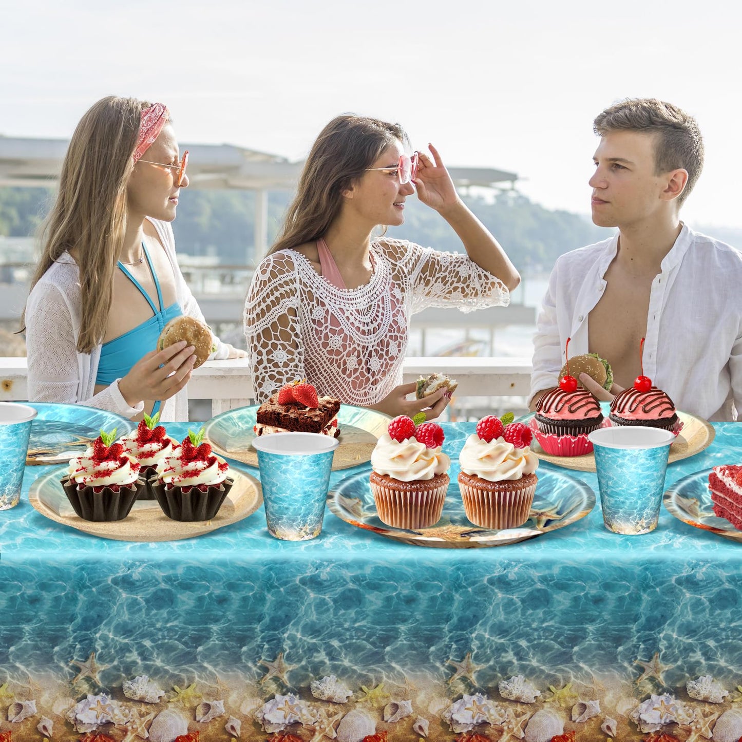 Seashell Party Supplies Ocean Beach Party Supplies Tableware with Seashell Beach Paper Plates Napkins Cups Tablecloth Banner for Summer Hawaiian Birthday Decorations, Serves 24
