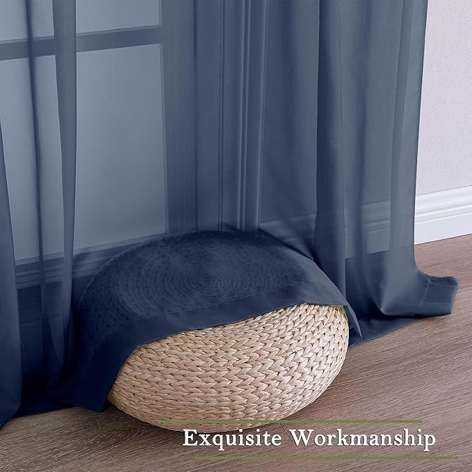 Lecloud Navy Blue Sheer Curtains 90 Inches Long 2 Pcs, Soft Airy Light Filtering Home Decor Living Room Curtains for Bedroom, Rod Pockets Window Treatments Solid Drapes, Each Panel 59" W x 90" L