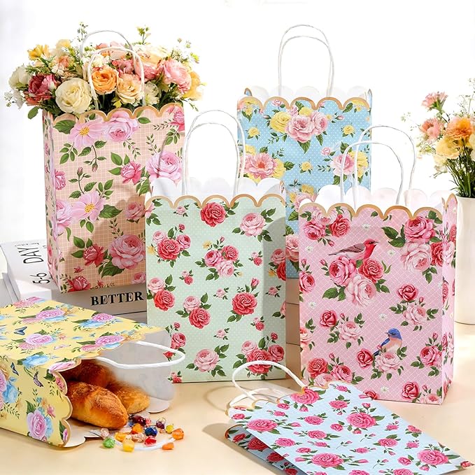 Vintage Floral Gift Bags Bulk Tea Party Favors Flower Tea Party Goodie Bags Treat Candy Bag Spring Wildflower Birthday Favors Decoration for Princess Birthday Wedding Garden Bridal Shower 24Pcs