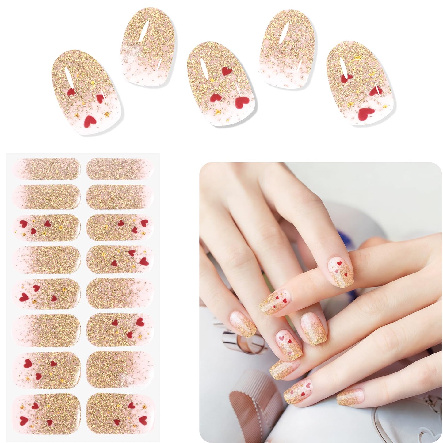 Semi Cured Gel Nail Strips -Nude Pink Glitter- Stylish Nail Wraps, No UV Light Needed, Effortless Application & Removal, Salon Quality, Includes 16 Wraps, 1 Prep Pad, Wooden Stick & Nail File