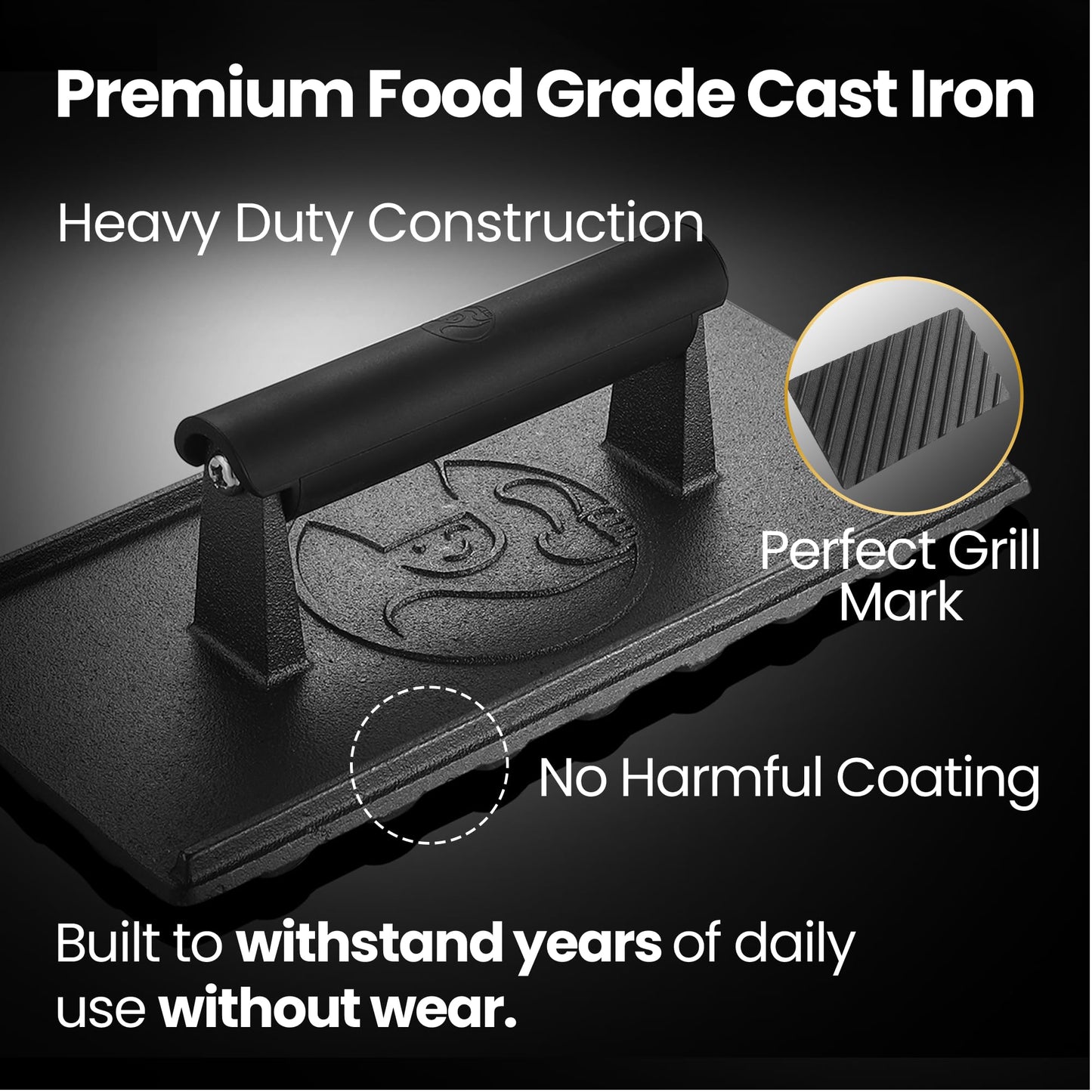 3lb Cast Iron Grill Press, Heavy Duty Smash Burger Press for Griddle Heat Resistant Handle, Burger Smasher, Hamburger Press, Grill Press for Griddle, Bacon Press Meat Press, BBQ Grill Accessories