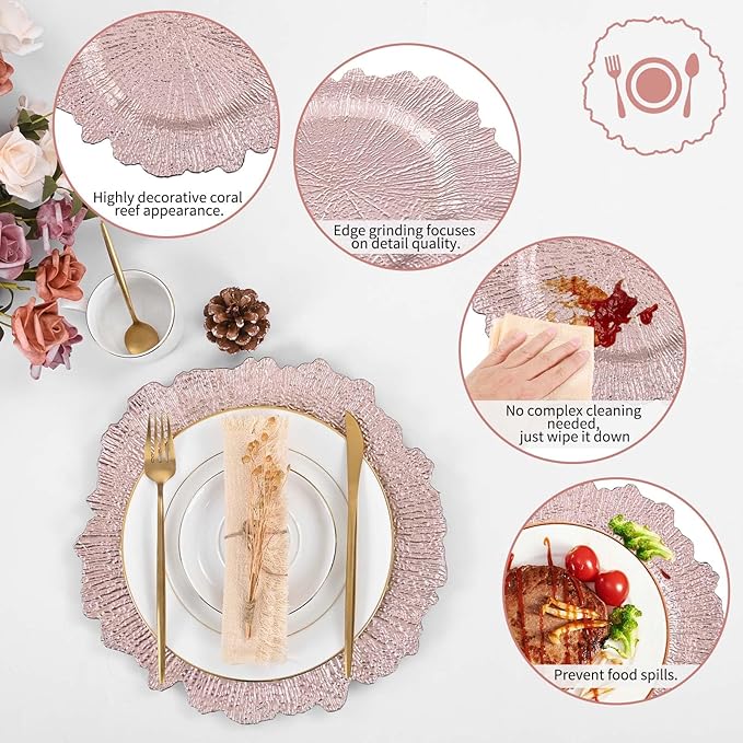 Pesonlook 50Pcs Rose Gold Charger Plates Round 13inch, Reef Plate Chargers for Dinner, Bulk Plastic Floral Table Plates for Dinner Wedding Party Event Table Setting Decoration(Rose Gold)