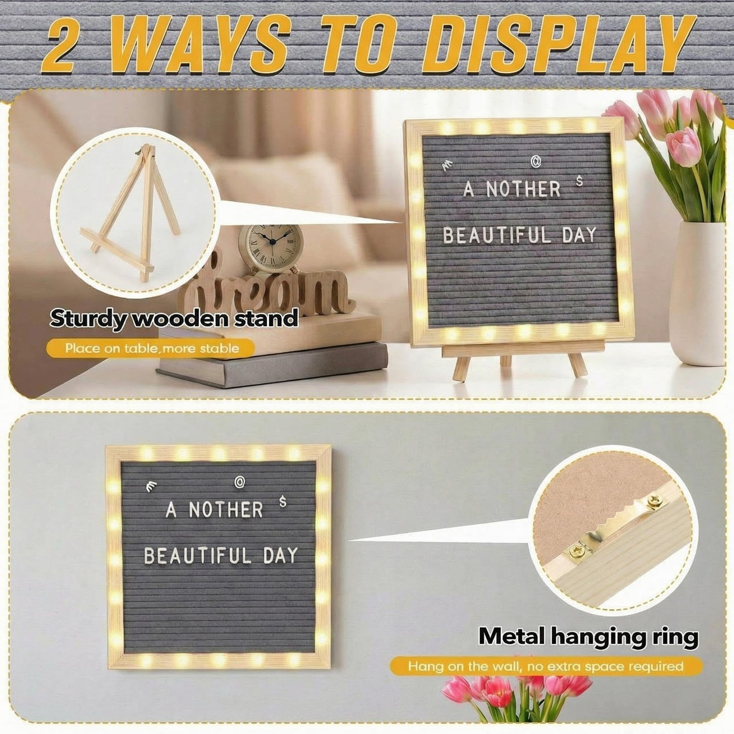 wearage 10x 10 Inch Changeable Felt Letter Board with LED Lights, Message Custom Felt Letter Board with Wooden Stand and 300 Letters for Pregnancy Announcement Classroom Decor Poster (Grey)