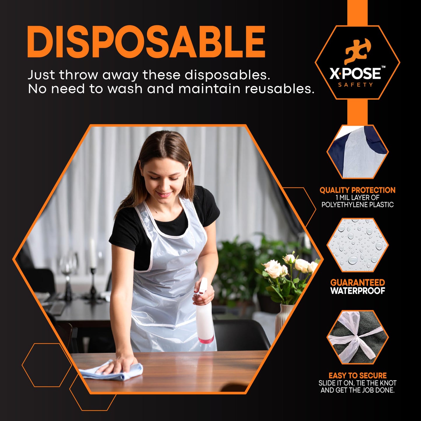 Xpose Safety 100 Pack White Plastic Disposable Bulk Aprons, Individually Wrapped Waterproof Polyethylene Aprons for Cooking, Food Prep & Cleaning, 1 Mil Durable Plastic, 24" x 48"