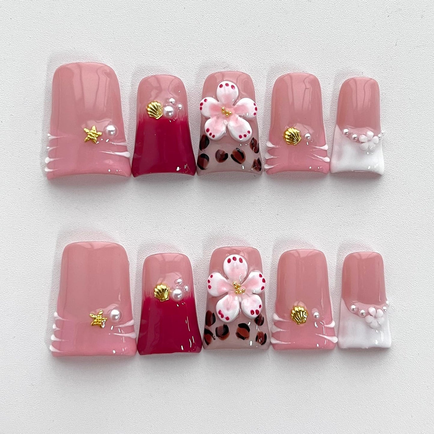 French Tip Press on Nails Handmade Short Duck 3D Flower Thick Acrylic Nails Cute Pink False Nails with Stars Leopard Print Shell Designs Beachy Glossy Fake Nail Sturdy Art Press on Nail 10Pcs(M)