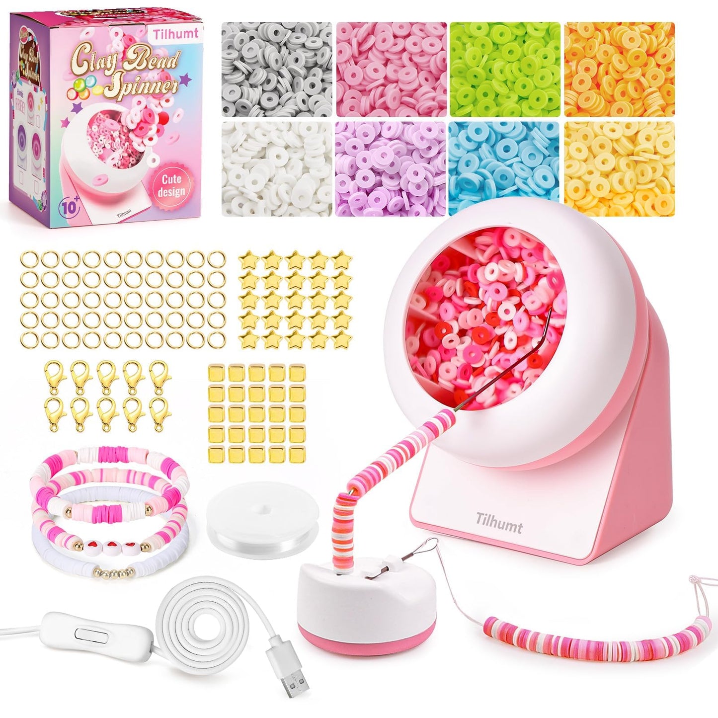 Tilhumt Clay Bead Spinner, 2112Pcs Clay Bead Spinner Kit for Jewelry Making, Friendship Bracelets Maker with Needle and Elastic String, Bracelet Making Machine for Craft Bead Lovers & Adults, Pink