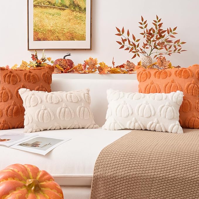 Kevin Textile Fall Pillow Covers 16x16 Inch Set of 2 Soft Pumpkins Decorative Square Pillowcases Plush Autumn Faux Fur Cushions Harvest Gift for Couch Sofa Chair Bedroom Home Decor, Orange