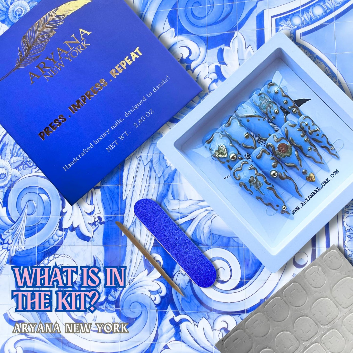 ARYANA NEW YORK Luxury 3D Press-On Nails – Handmade Long Stiletto False Nails for Women, Acrylic Look Blue Design with Gold Beads | Blue Angels Collection (Medium)
