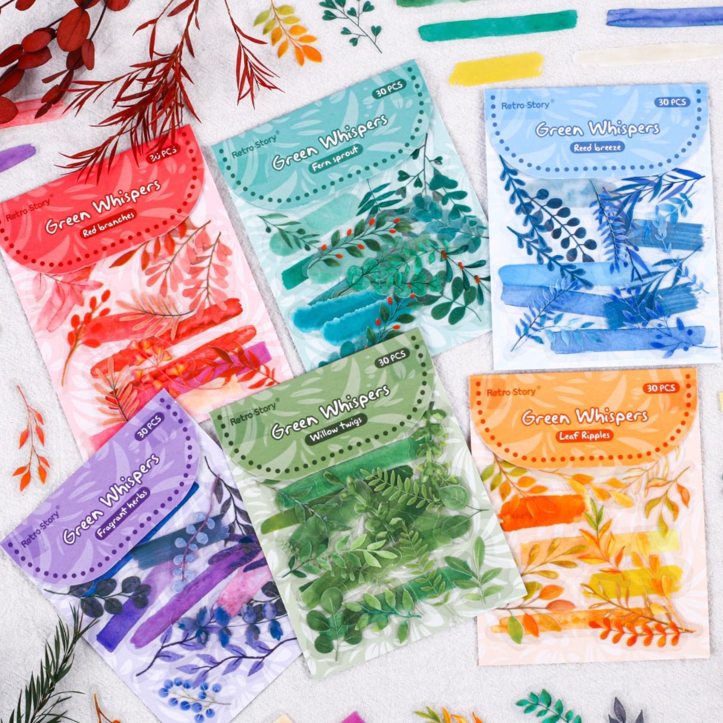 Doukado 180 Pcs Watercolor Leaf & Branch PET Stickers, 6 Packs Aesthetic Botanical Foliage Decals with Brushstroke Background Strips, Transparent Nature Ephemera for Junk Journal, Scrapbooking & DIY